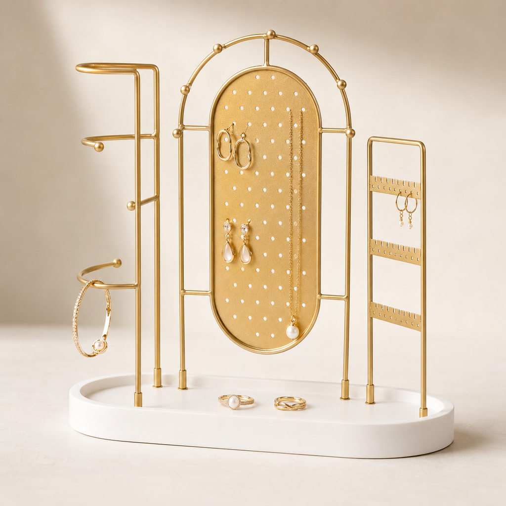Gold-Tone Jewelry Organizer Stand with White Tray