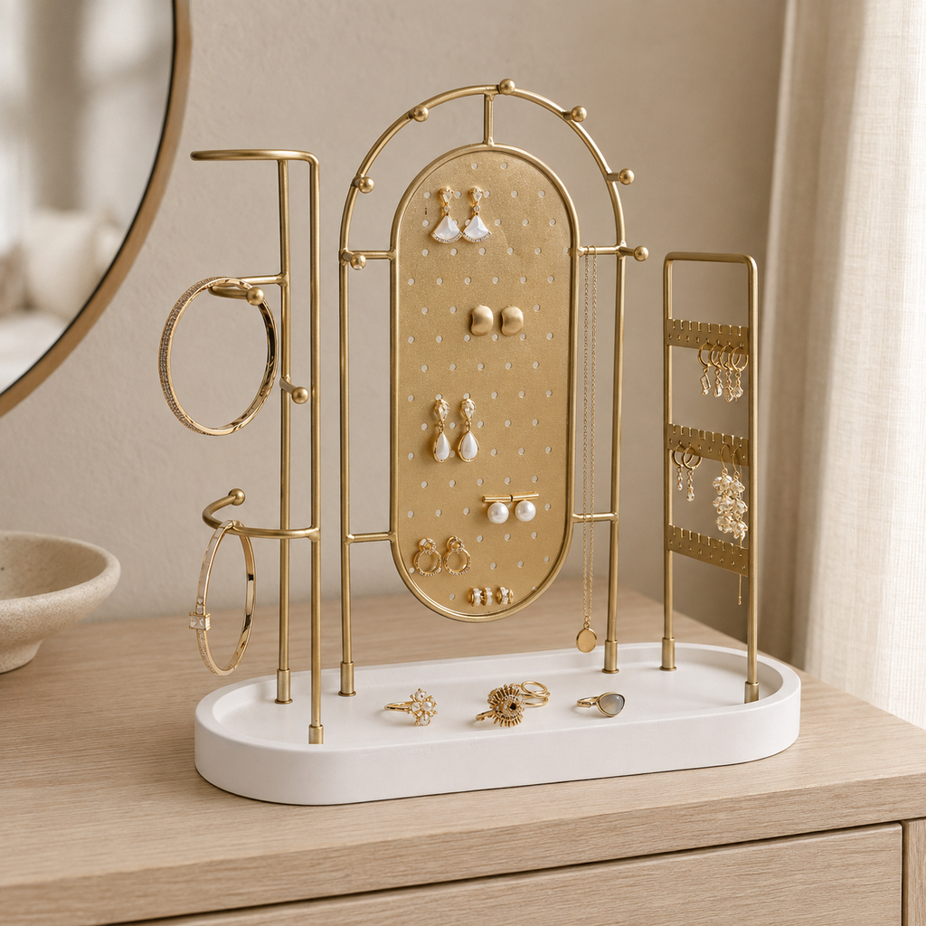 Gold-Tone Jewelry Organizer Stand with White Tray