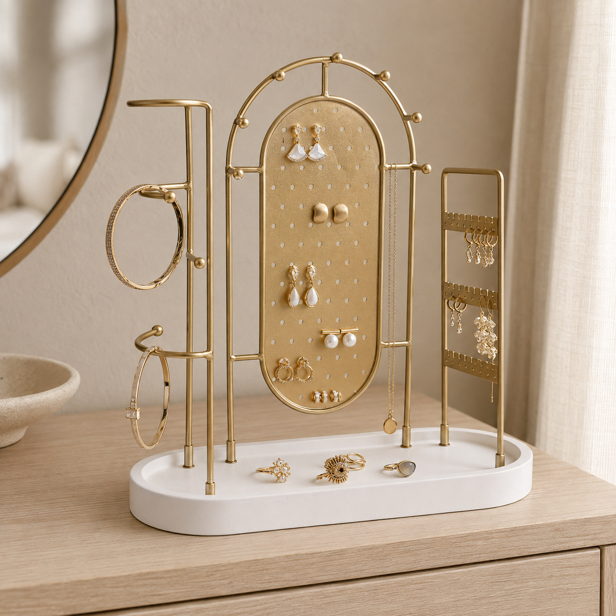Gold-Tone Jewelry Organizer Stand with White Tray