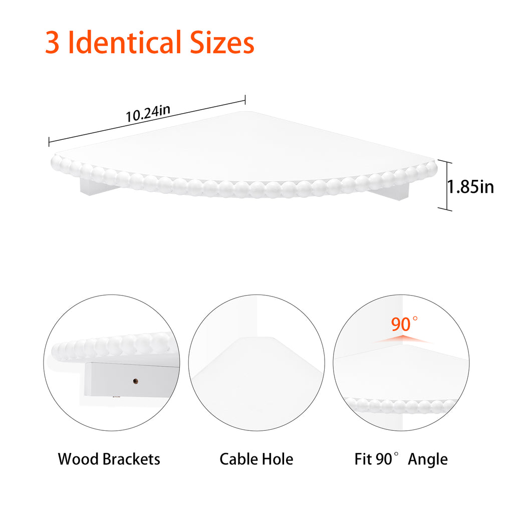 Beaded Corner Wall Shelves, Boho White Floating Shelf, Set of 3