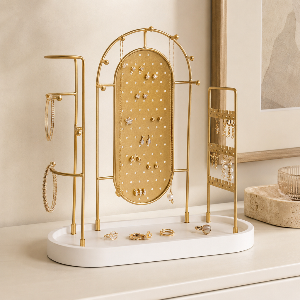 Gold-Tone Jewelry Organizer Stand with White Tray