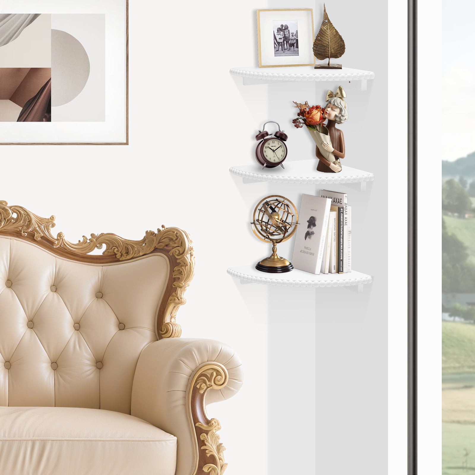 Beaded Corner Wall Shelves, Boho White Floating Shelf, Set of 3