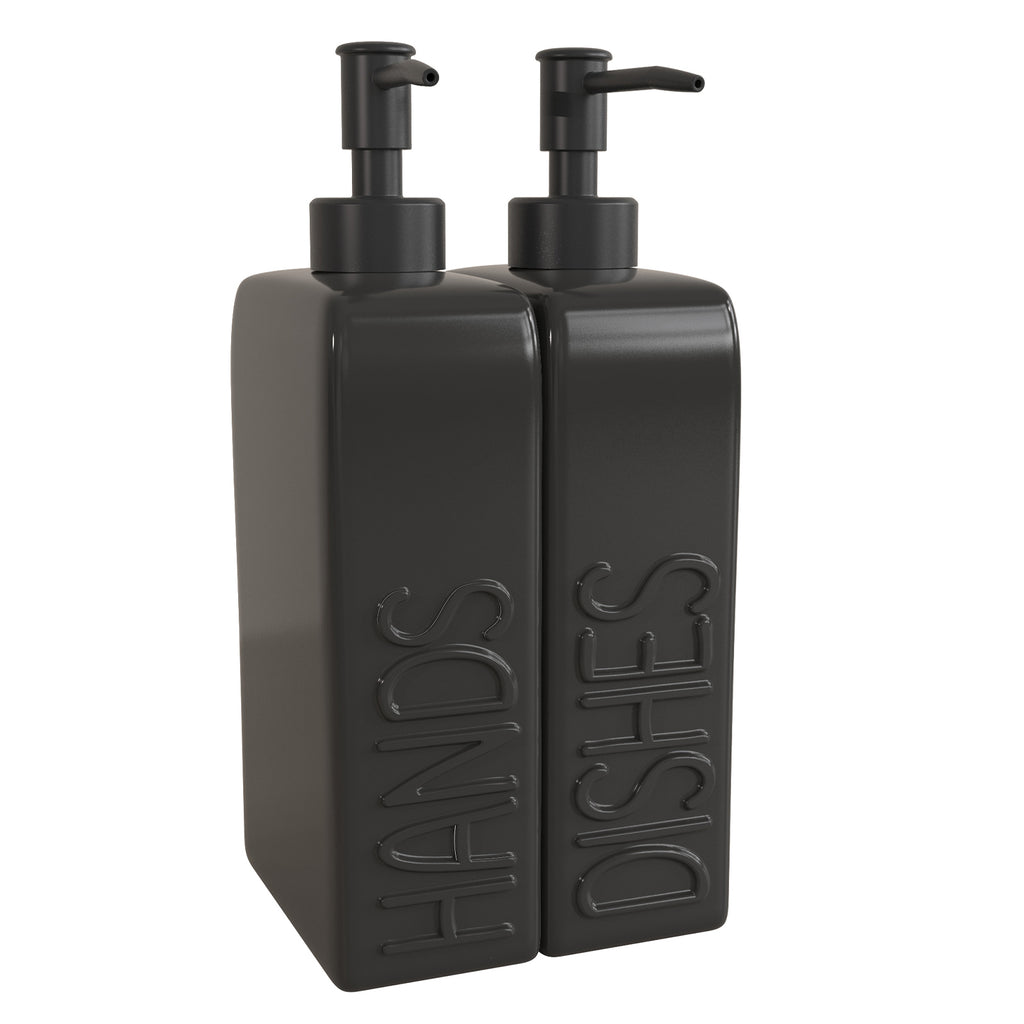 Ceramic Soap Dispenser Set Black Modern Embossed Bottles