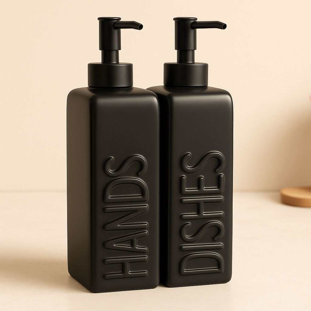 Ceramic Soap Dispenser Set Black Modern Embossed Bottles