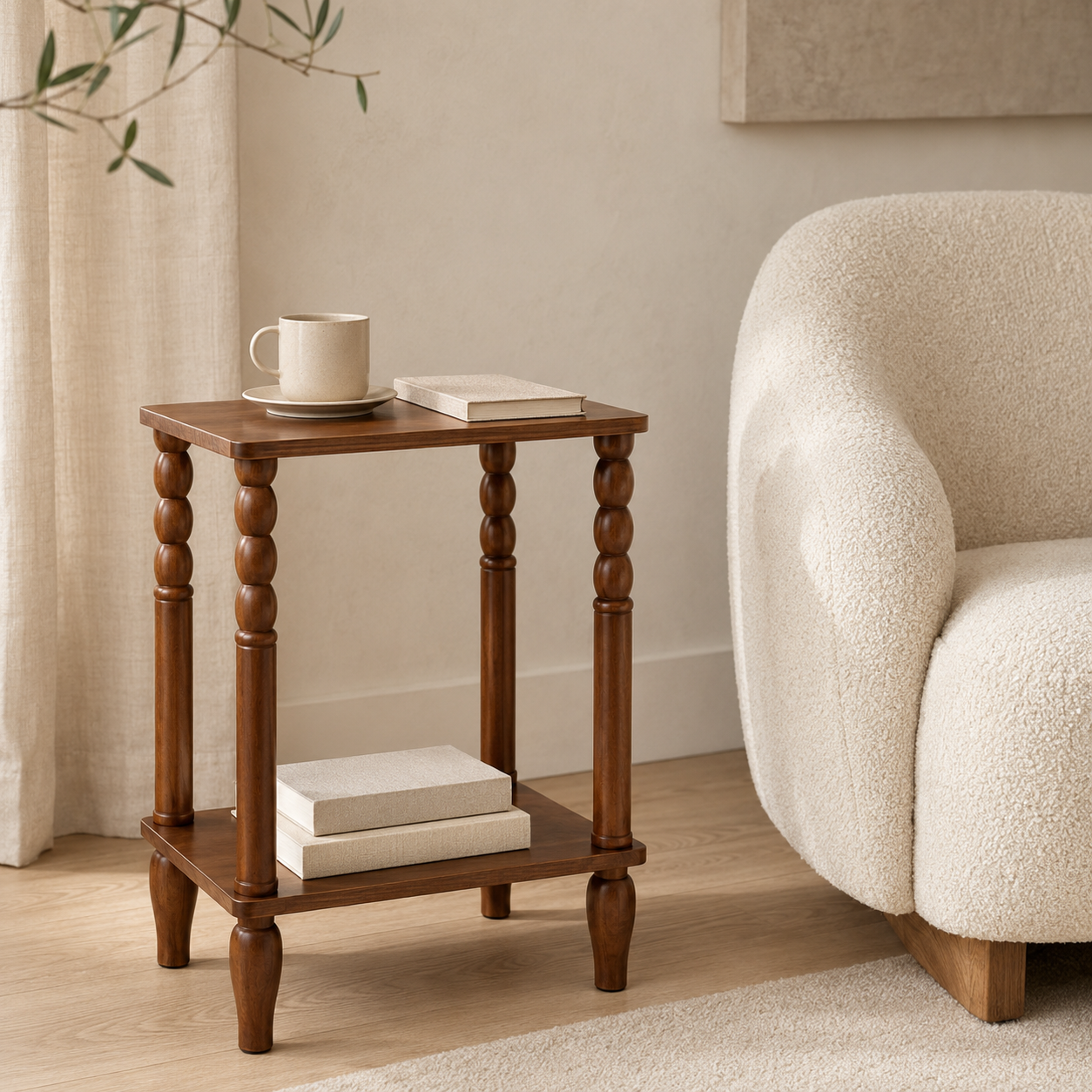 Walnut Brown Turned-Leg Two-Tier Side Table