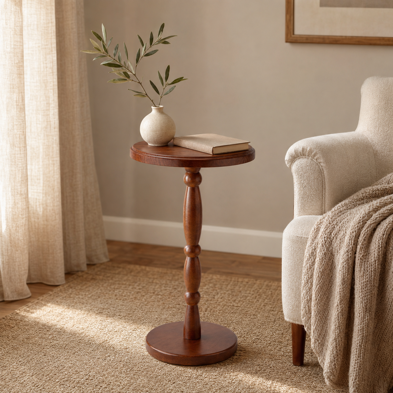 Walnut Brown Solid Wood Pedestal Drink Table