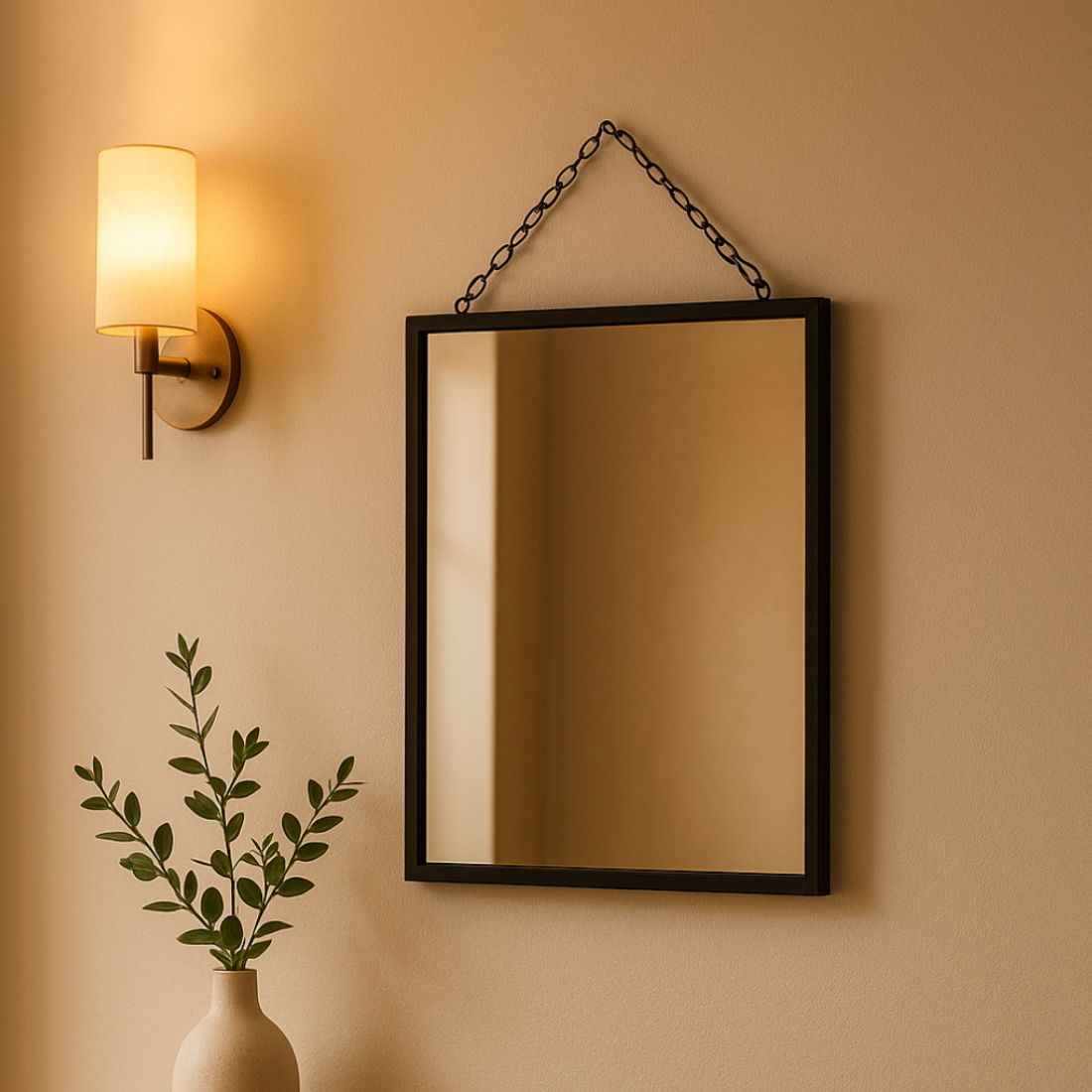 Small Black Iron Hanging Mirror Modern Wall Entry Mirror with Chain