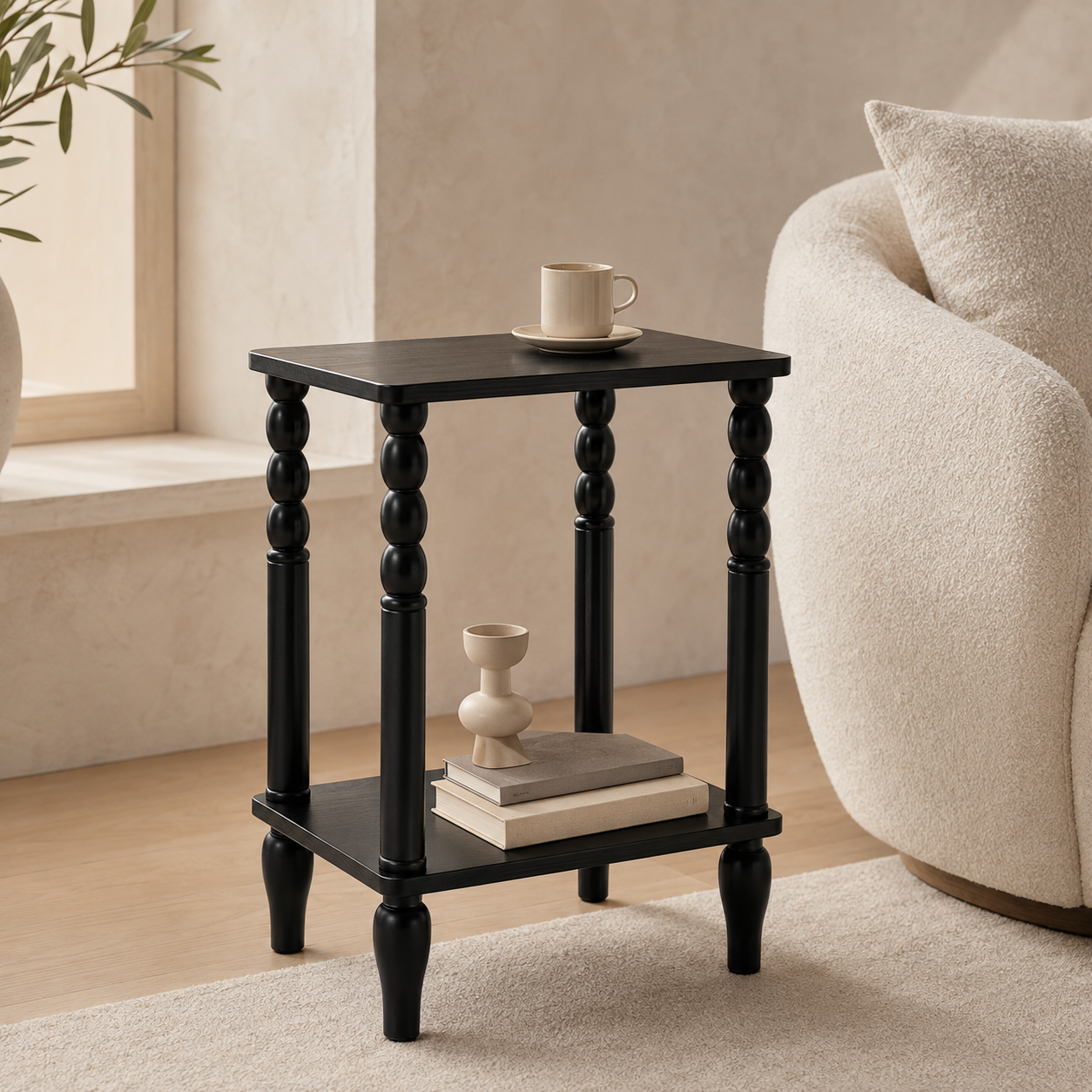Black Turned-Leg Two-Tier Side Table