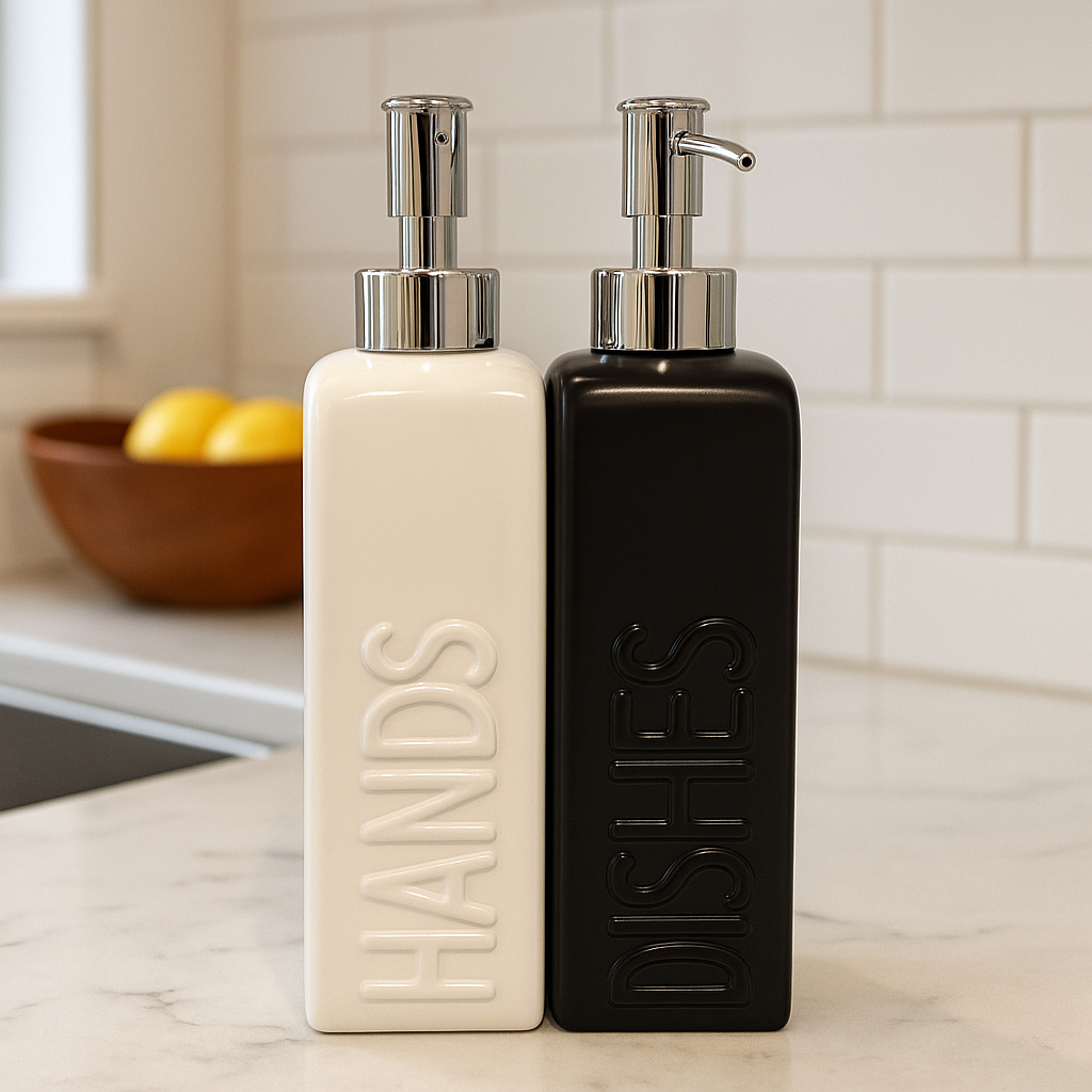 Ceramic Soap Dispenser Set Black and White Modern Embossed Bottles