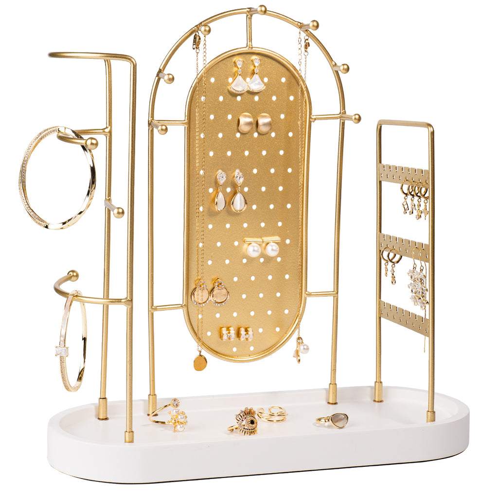Gold Jewelry Organizer with Tray, Modern Multi-Tiered Necklace Earring Bracelet Stand