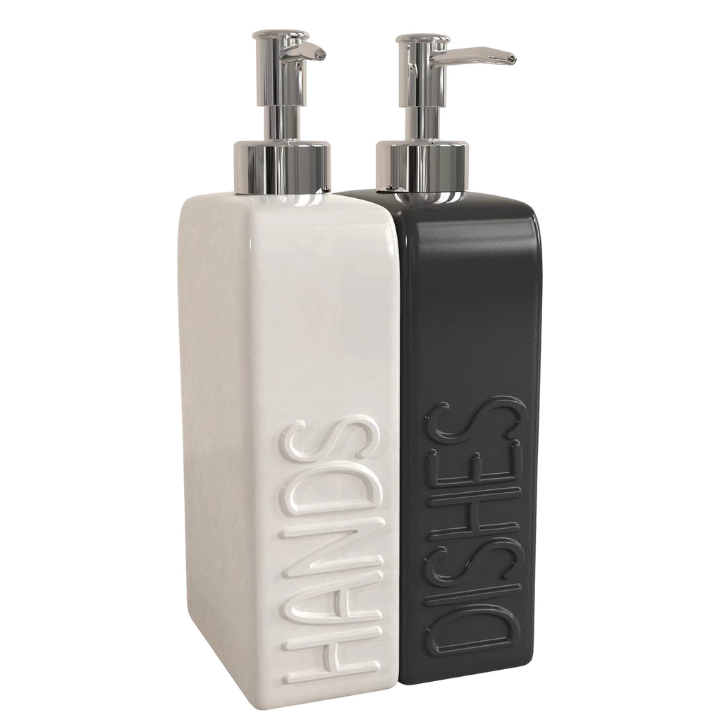 Ceramic Soap Dispenser Set Black and White Modern Embossed Bottles