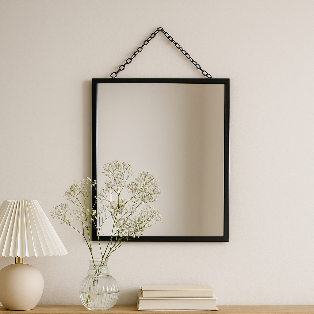 Small Black Iron Hanging Mirror Modern Wall Entry Mirror with Chain