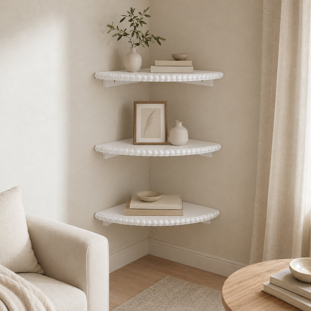 White Beaded Corner Wall Shelves, Set of 3