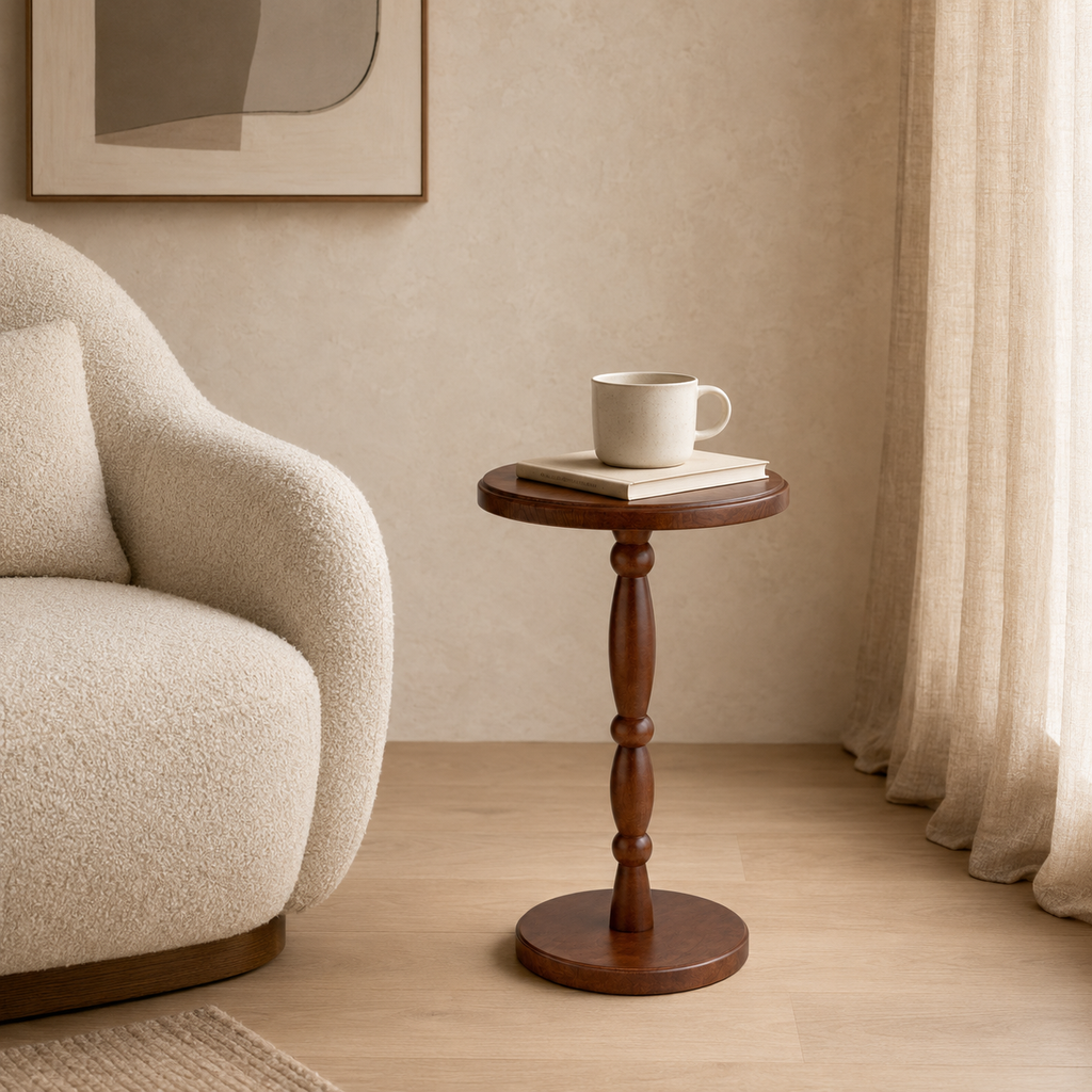 Walnut Brown Solid Wood Pedestal Drink Table