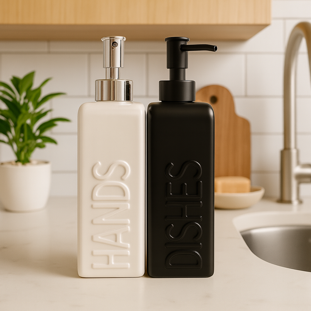 Ceramic Soap Dispenser Set Black and White Modern Embossed Bottles