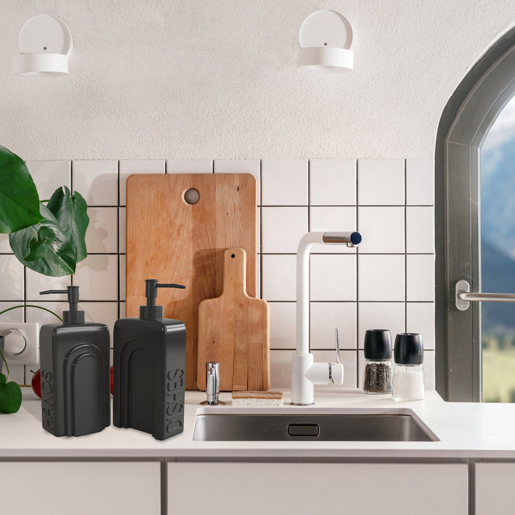 Ceramic Soap Dispenser Set Black Modern Embossed Bottles