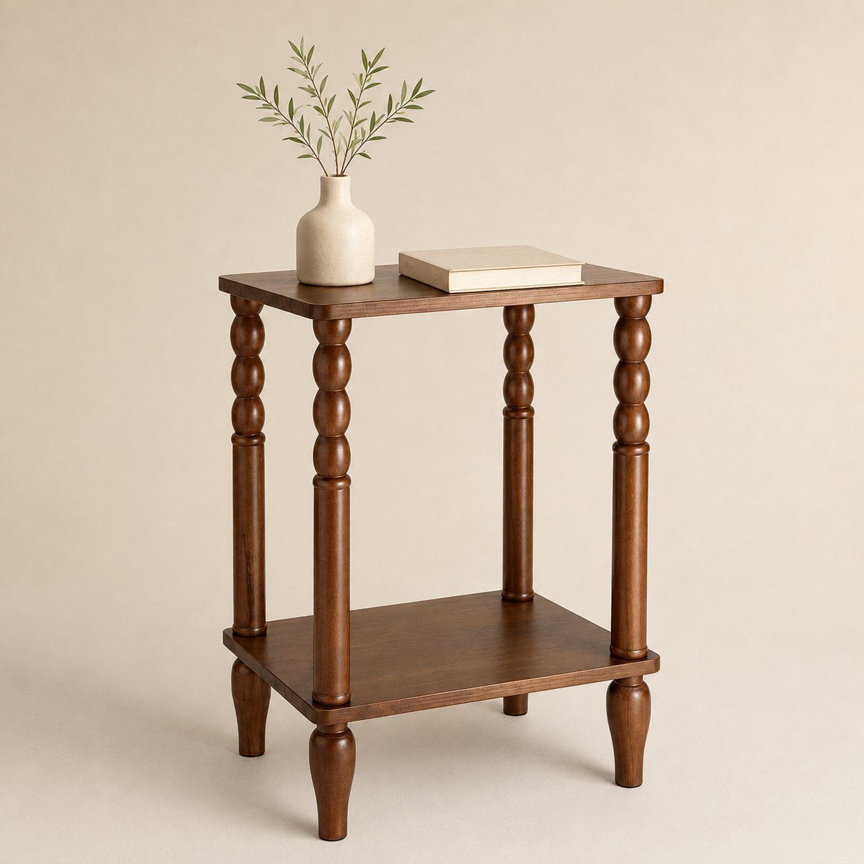 Walnut Brown Turned-Leg Two-Tier Side Table