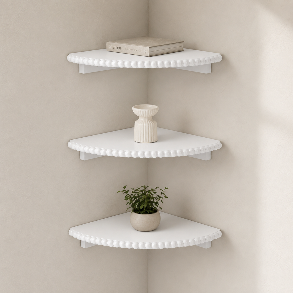White Beaded Corner Wall Shelves, Set of 3