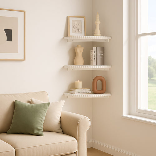 Beaded Corner Wall Shelves, Boho White Floating Shelf, Set of 3