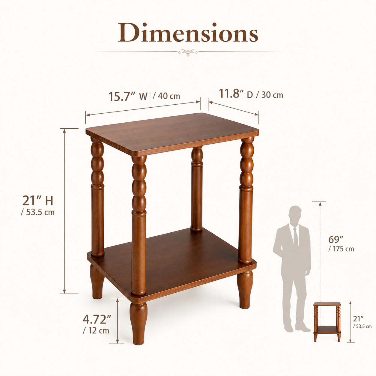 Walnut Brown Turned-Leg Two-Tier Side Table
