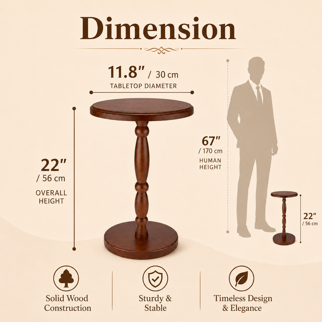 Walnut Brown Solid Wood Pedestal Drink Table