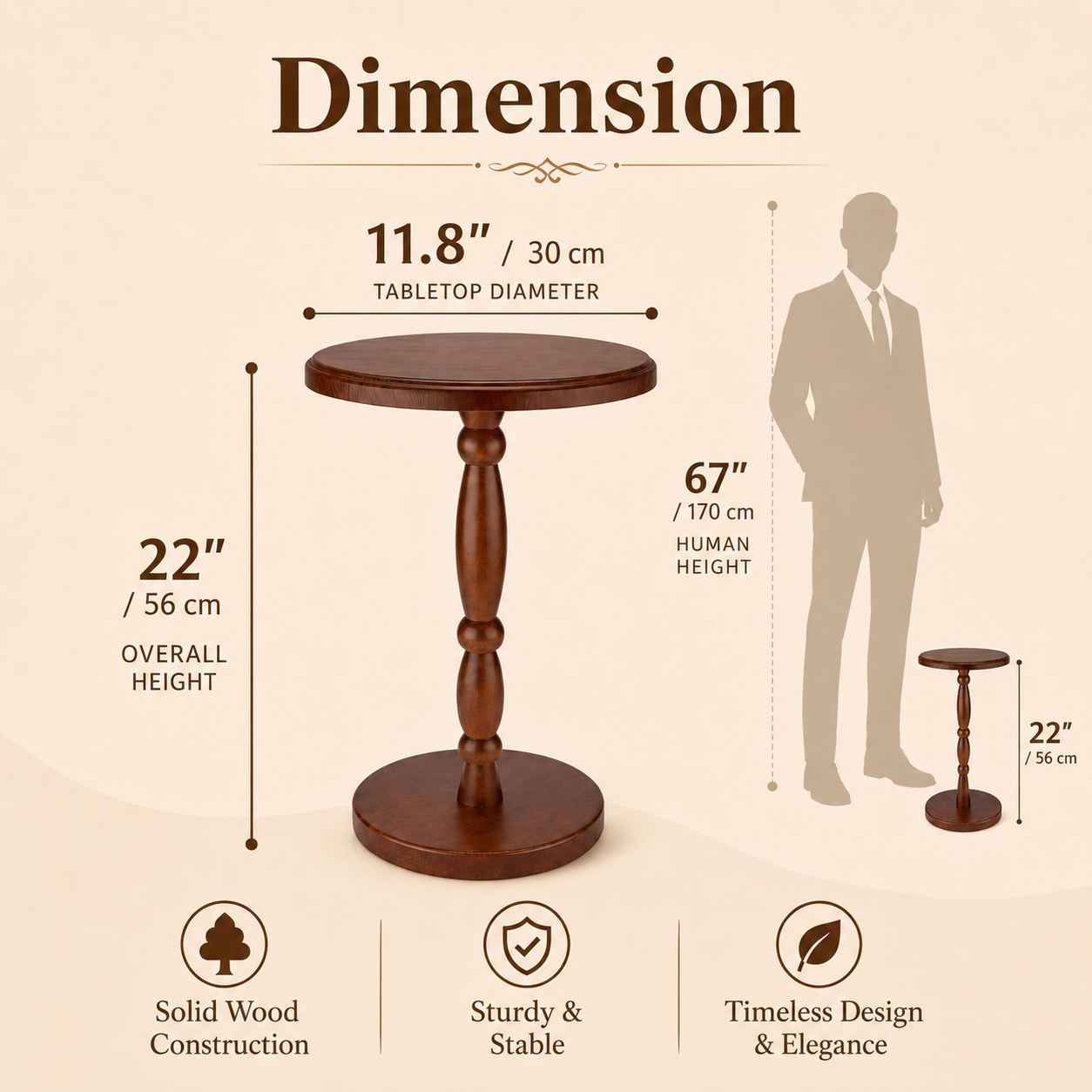 Walnut Brown Solid Wood Pedestal Drink Table
