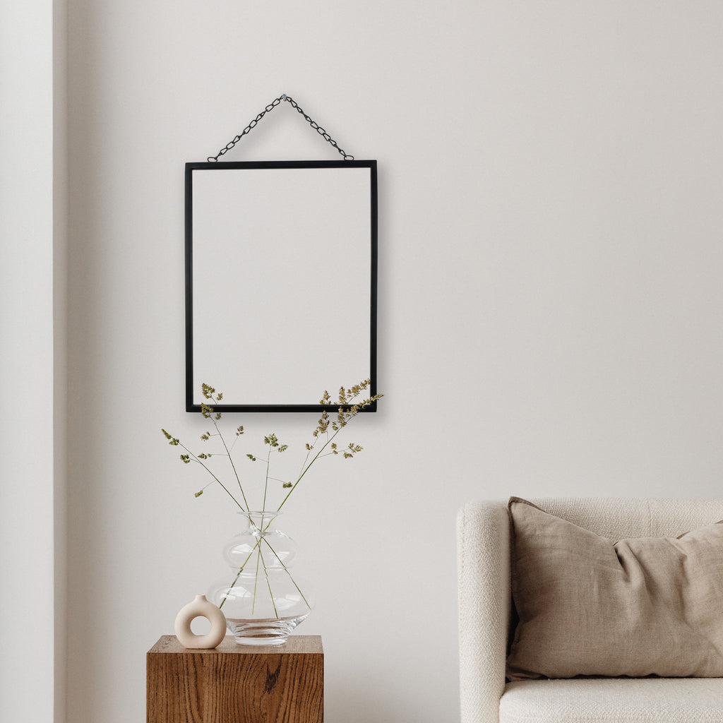 Small Black Iron Hanging Mirror Modern Wall Entry Mirror with Chain