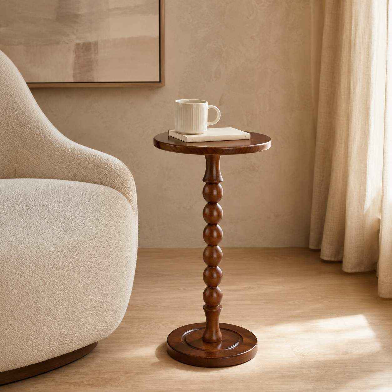 Walnut Brown Beaded Pedestal Drink Table