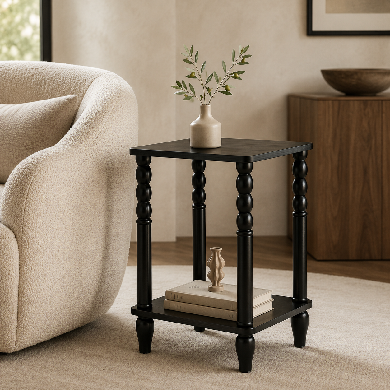 Black Turned-Leg Two-Tier Side Table