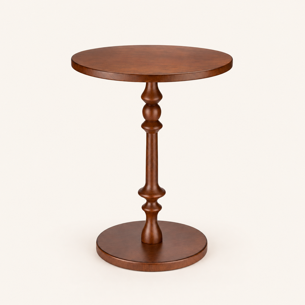 Turned Pedestal Accent Side Table – Walnut Finish