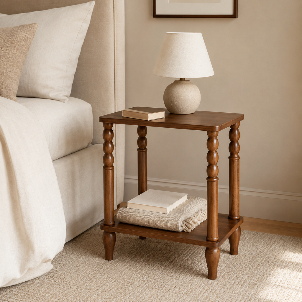 Walnut Brown Turned-Leg Two-Tier Side Table