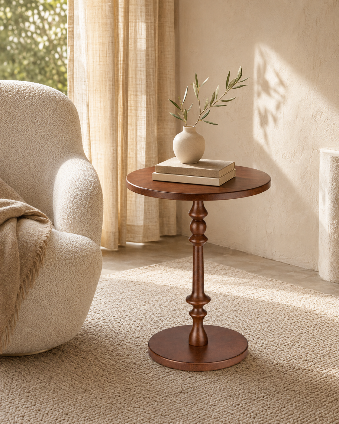 Turned Pedestal Accent Side Table – Walnut Finish