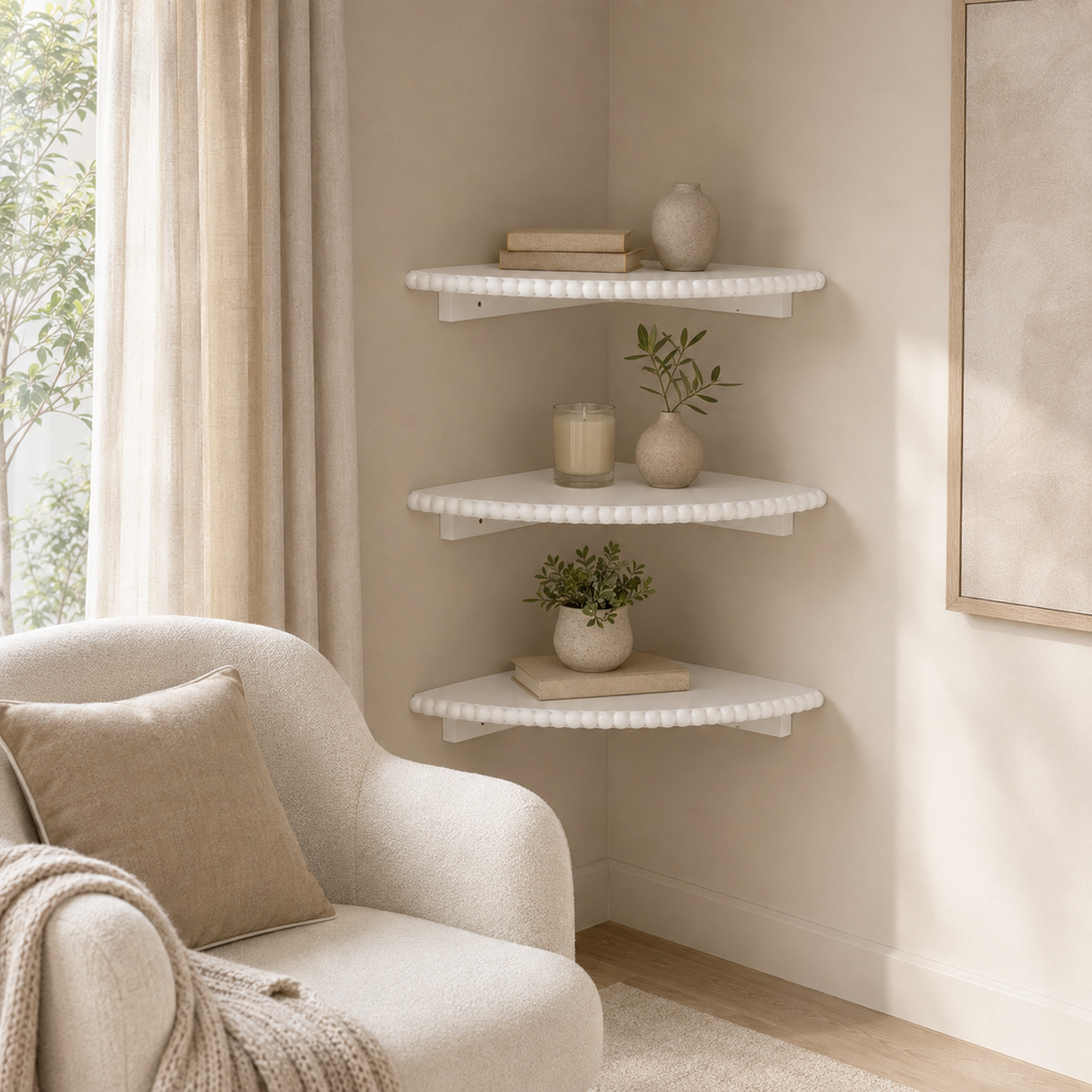 White Beaded Corner Wall Shelves, Set of 3