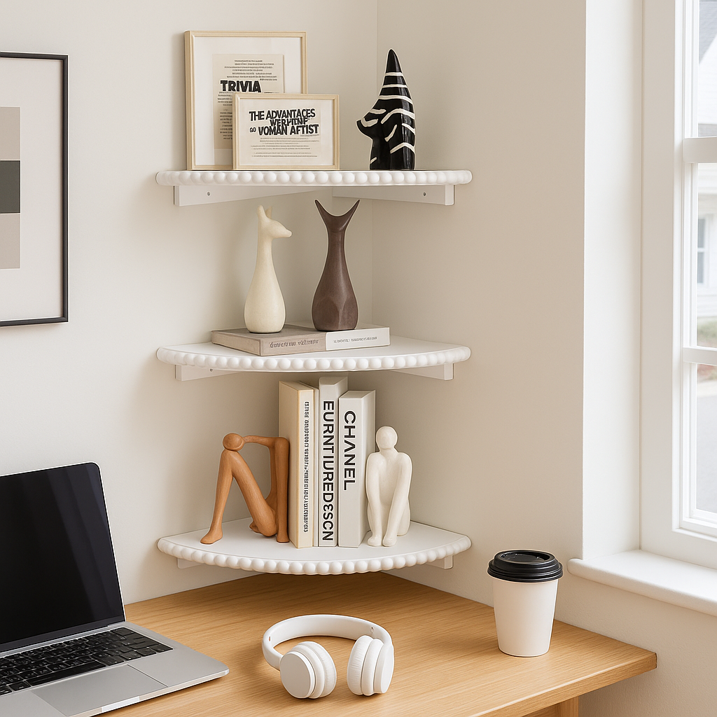 Beaded Corner Wall Shelves, Boho White Floating Shelf, Set of 3