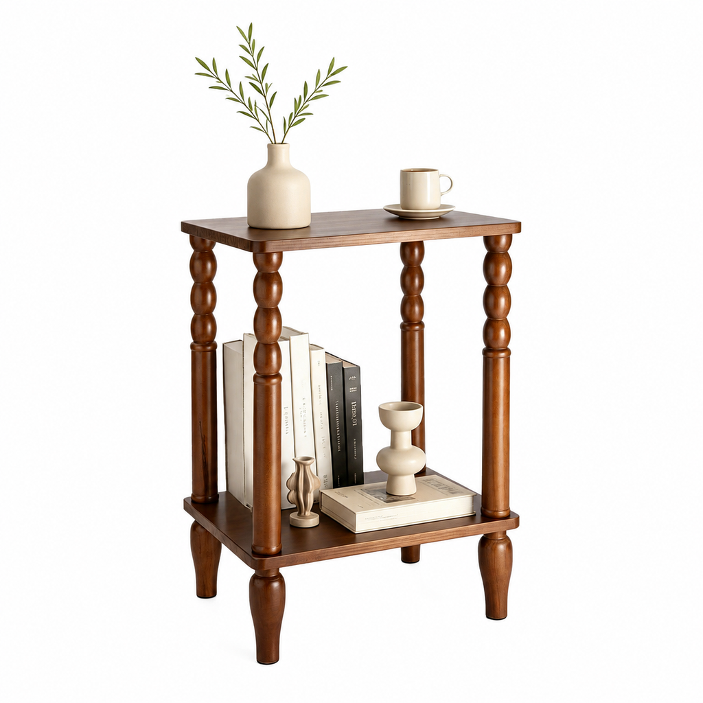 Walnut Brown Turned-Leg Two-Tier Side Table